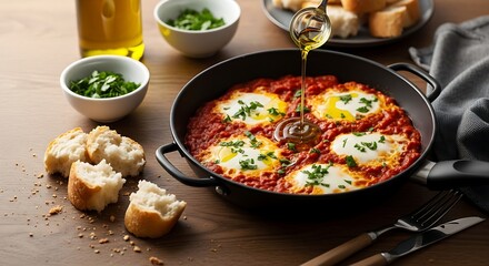 Homemade shakshuka vibrant poached eggs in a rich tomato sauce, garnished with fresh herbs, served with crusty bread. A comforting and wholesome breakfast or brunch experience