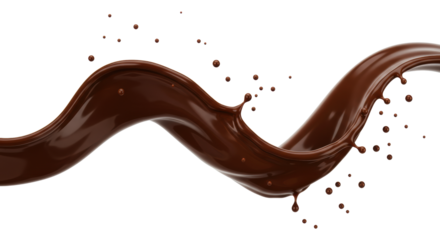 A dynamic wave of highly viscous, rich, dark, glossy molten chocolate liquid with elegant swirls, suspended droplets, macro lens, against transparent, concept for premium chocolate advertisement
