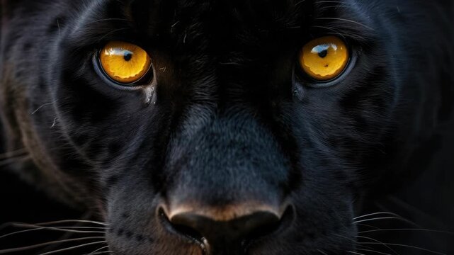 Sharp focus on a black panther with yellow eyes and whiskers.