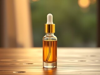 Dropper Bottle of Cosmetic Oil on Wooden Table With Warm Bokeh