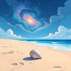 Sunny Desert Beachscape With Seashell and Pastel Sky Illustration