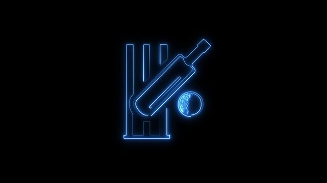 Neon Cricket Showcase Bat, Ball, and Stumps Icon and Symbol Animation on Black Background