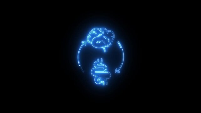 Glowing Brain Gut Icon and Symbol in HD Video Neon Animation on Black Background.