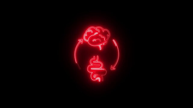 Glowing Brain Gut Icon and Symbol in HD Video Neon Animation on Black Background.