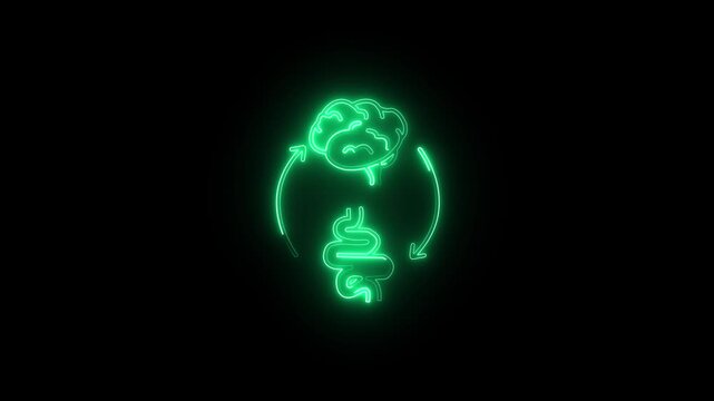 Glowing Brain Gut Icon and Symbol in HD Video Neon Animation on Black Background.