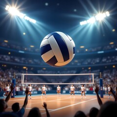 Volleyball Spiking Over Net in Indoor Arena With Spectators