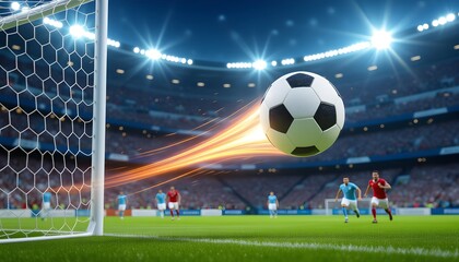 Soccer Ball Flying Toward Goal in Packed Stadium Action Shot