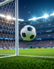 Close-up Soccer Ball Near Goal Net Under Stadium Lights