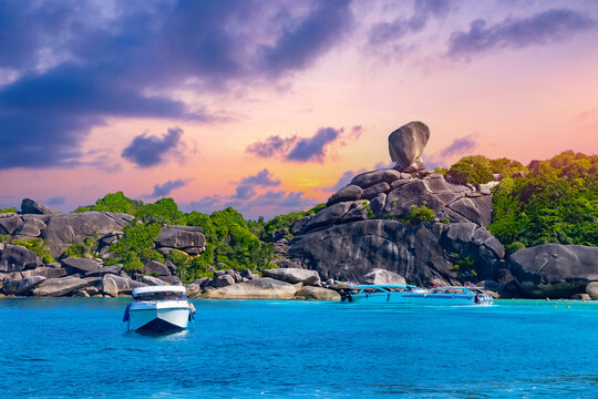 Landscape turquoise lagoon beach Similand Island with tourist speedboat in Phang nga, Thailand