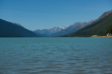 Tranquil lake surrounded by mountains under a clear blue sky on a sunny day