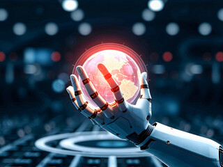 Robot hand holding glowing world globe artificial intelligence technology concept