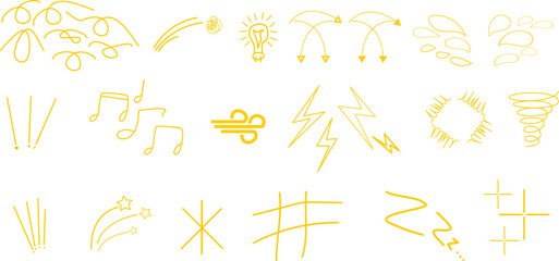 A collection of hand-drawn yellow doodle icons and symbols on a white background, representing various concepts and effects.