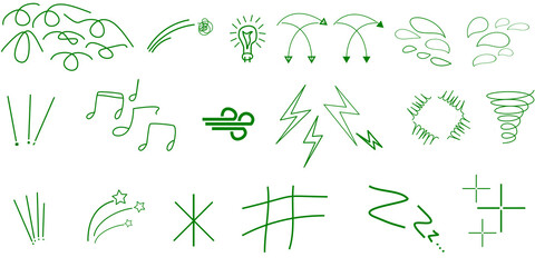 A collection of green hand-drawn doodle icons representing various concepts like weather, music, and abstract symbols.