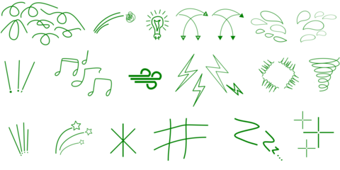 A collection of green hand-drawn doodle icons representing various concepts like weather, music, and abstract symbols.