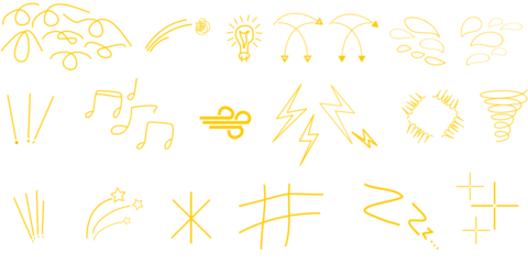 A collection of yellow hand-drawn doodle icons and symbols representing various concepts like weather, music, ideas, and abstract elements on a white background.