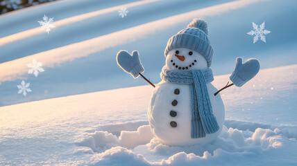 Cheerful Classic Snowman in Snowy Winter Wonderland with Blue Hat and Scarf, Falling Snowflakes, and Copy Space