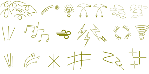 A collection of hand-drawn doodle icons, including musical notes, lightning bolts, stars, and abstract shapes, all in a light green color.
