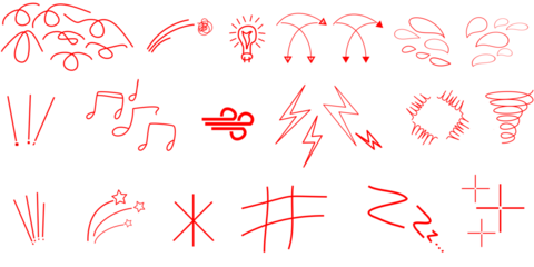 A collection of red hand-drawn graphic elements including squiggles, stars, musical notes, lightning bolts, and a tornado.