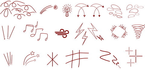 A collection of hand-drawn doodle symbols and icons including lightning bolts, musical notes,...