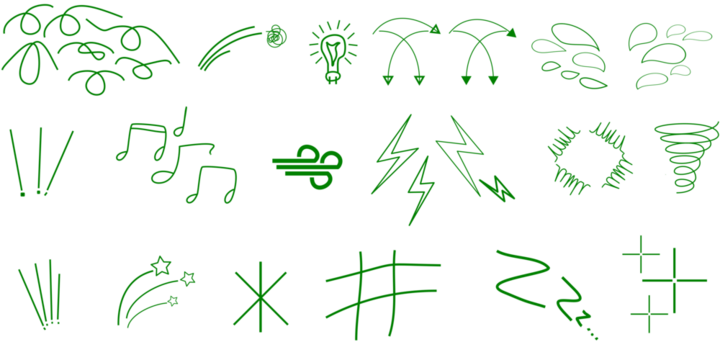A collection of green hand-drawn doodle icons representing various concepts like weather, music, and abstract symbols.