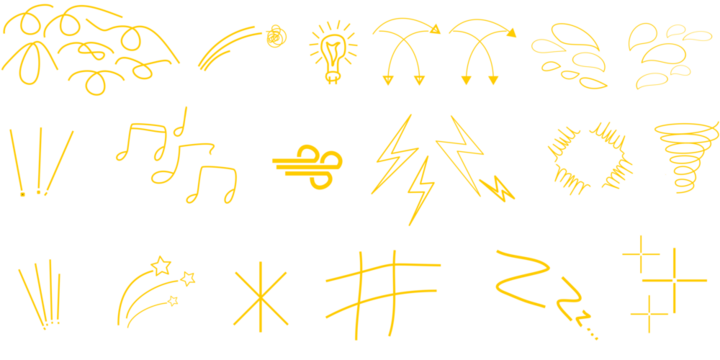 A collection of yellow hand-drawn doodle icons and symbols representing various concepts like weather, music, ideas, and abstract elements on a white background.