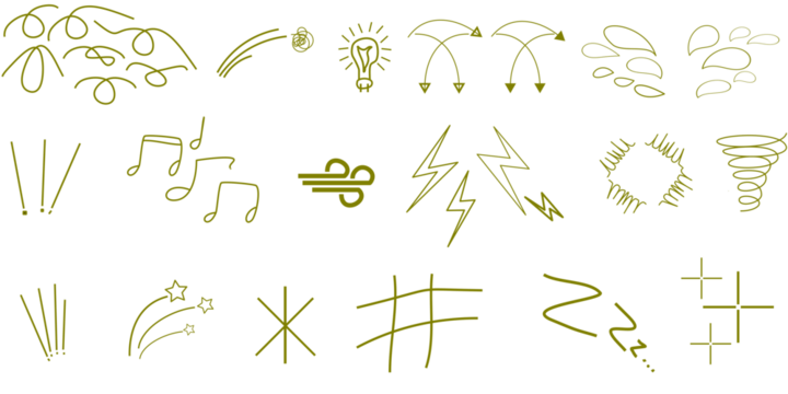 A collection of hand-drawn doodle icons, including musical notes, lightning bolts, stars, and abstract shapes, all in a light green color.