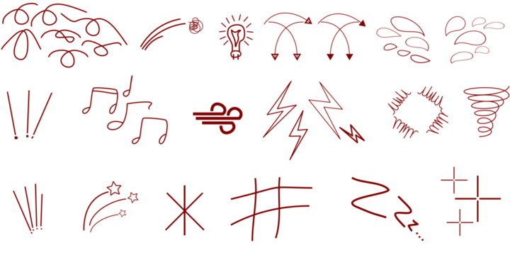 A collection of hand-drawn doodle symbols and icons including lightning bolts, musical notes, lightbulbs, stars, and various abstract lines representing movement and sound. - Powered by Adobe