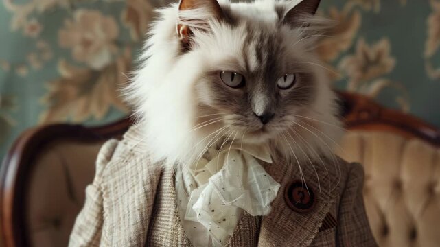 Stylish cat in a suit and tie, sitting on a vintage chair with luxurious upholstery.