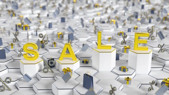 Looped animation of 3D inscription SALE in yellow colors. Motion graphics for sale billboard. Futuristic background with shopping bags, credits cards, gift boxes and percent signs on hexagonal podiums