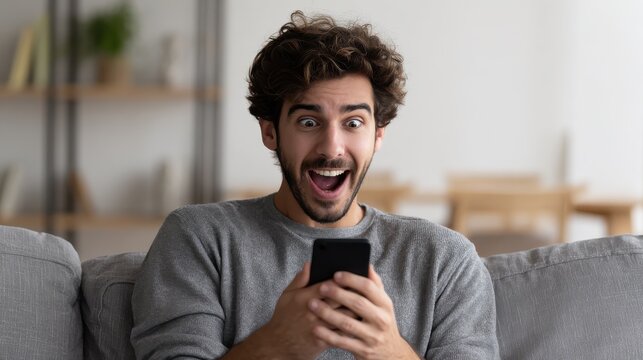 happy smiling latin man with smartphone being surprised as reading message while sitting on sofa hispanic guy with cellphone relaxing at home while receive great news from friend no logos no brands a - Powered by Adobe