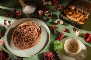 Delicious pancakes- morning breakfast table. Still life - dark photo style. Culinary background - tasty food