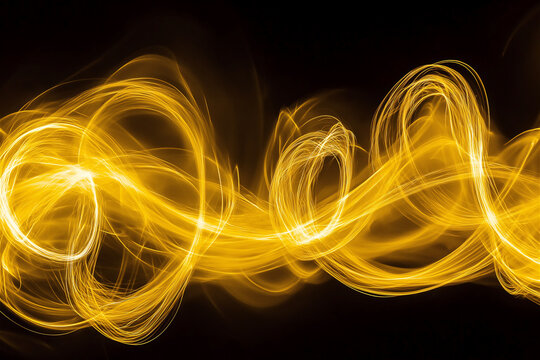 Abstract golden light waves forming horizontal flowing pattern against black background. Glowing yellow energy trails creating digital art concept with vibrant motion effect.