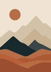 Abstract art of colorful mountains. Neutral colors. Decoration, background, orange, terracotta, beige, gray, landscape, nature, sun