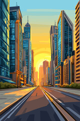Obraz premium Stylized Urban Landscape at Sunset with Skyscrapers and Road