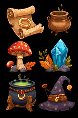 Magical Elements: Potion, Scroll, Mushroom, Crystal, and Witch Hat Icon Set