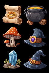 Enchanting Magic Elements: Potion, Ring, Mushroom, and Wizard Hats