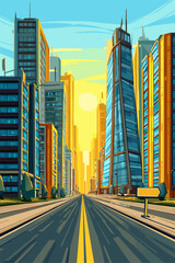 Vibrant Cityscape with Modern Skyscrapers at Sunset