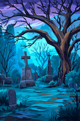 Mysterious Graveyard Scene with Eerie Atmosphere and Twisted Tree