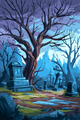 Spooky Cemetery Scene with Eerie Atmosphere and Gnarled Trees