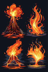 Colorful Vector Illustrations of Volcanic Eruptions and Flames