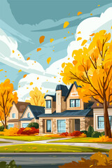 Charming Autumn Neighborhood with Colorful Foliage and Cozy Homes