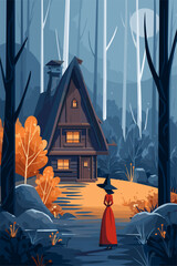 Enchanting Witch in Front of a Cozy Cabin in a Mysterious Forest
