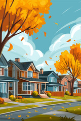 Charming Autumn Neighborhood with Vibrant Trees and Cozy Homes
