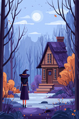 Enchanting Witch in a Mysterious Forest by a Cozy Cabin Under a Full Moon