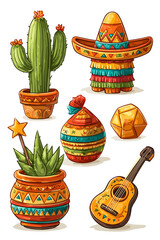 Colorful Mexican-themed Illustrations with Cactus, Guitar, and Decorative Items
