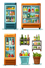 Colorful Refrigerators and Shelves Filled with Groceries and Beverages