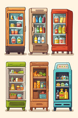 Colorful Variety of Refrigerators Showcasing Food and Beverages