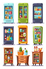 Colorful Refrigerator Designs with Various Food Items and Drinks in Vector Style