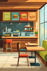 Cozy Modern Cafe Interior with Colorful Menu and Tables