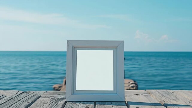 Scenic coastal  with window frame at water's edge.